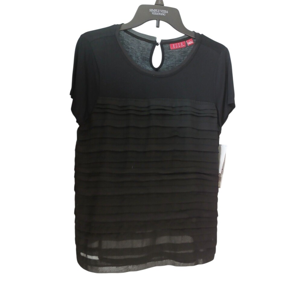 Elle Blouse Women Size L Black Sheer Layered Short Sleeve Elegant Top